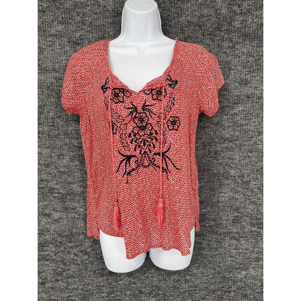 Lucky Brand Blouse Womens S Red Geometric Embroidered‎ Tassel Boho Scoop Neck